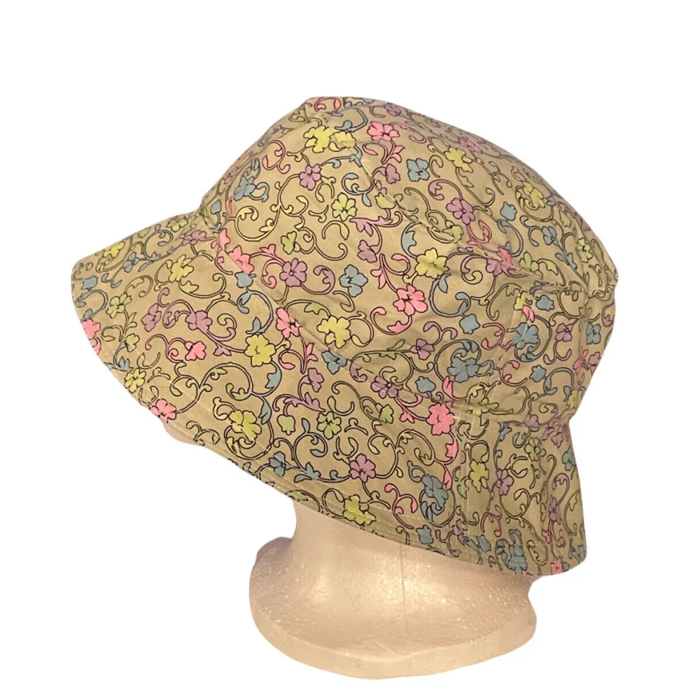 Pastel Floral Print Bucket Hat Medium Cotton Reversible Coastal Beach Resort